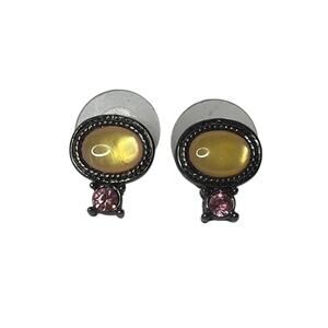 Dainty Gold Cabochon Stud Earrings Pink Accent Drop Vintage Style Posts